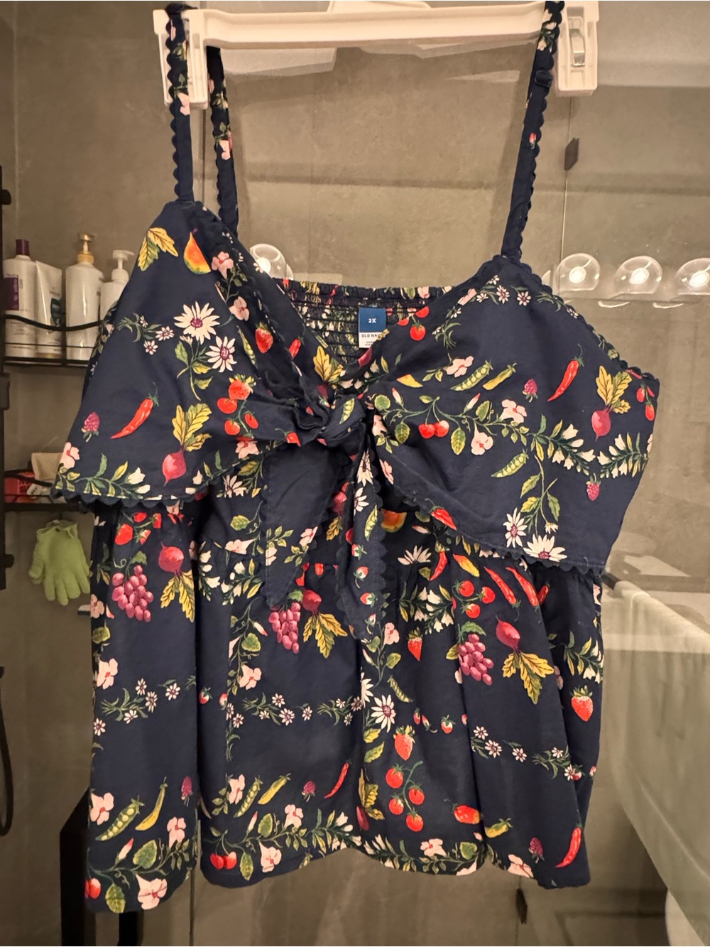 Old Navy Navy Floral & Fruit Tie-Front Cami